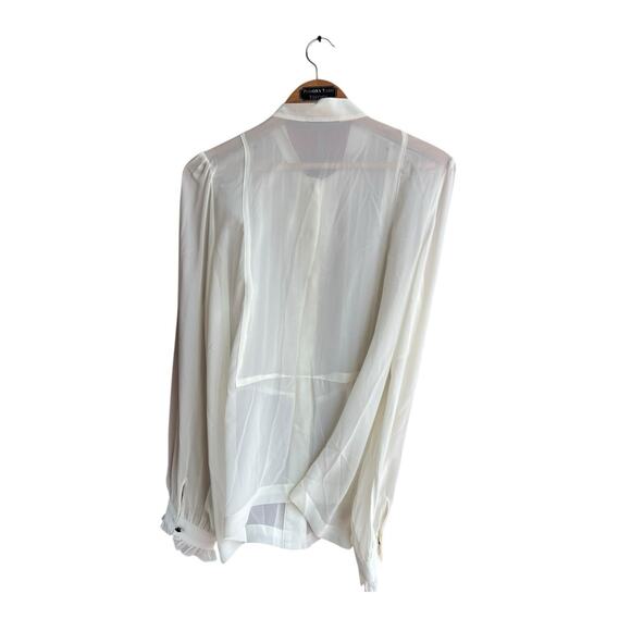 Vintage Semi Sheer Ivory Blouse Neck Tie Ruffles Tuxedo Front  Size 2X - Picture 6 of 7
